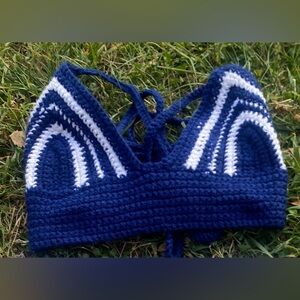 Handmade Crochet Blue and White Bralette Top Festival Swimwear Boho Summer